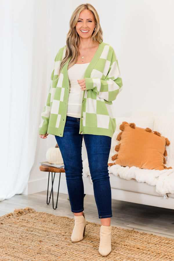 Chic Soul plus size clothing, long-sleeve green and ivory checkered knit cardigan with tortoise button detailing