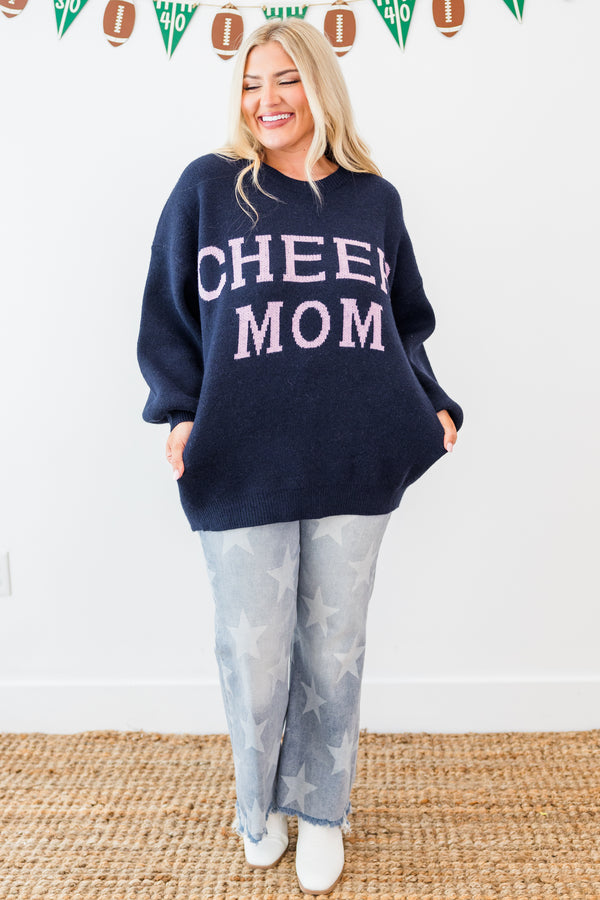 Chic Soul plus size clothing, navy long sleeve knit sweater with pink 