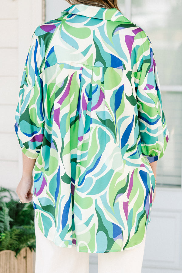 Chic Soul plus size clothing, green three quarter length sleeve button up top with green/blue abstract print top with collar detail and cuff sleeves