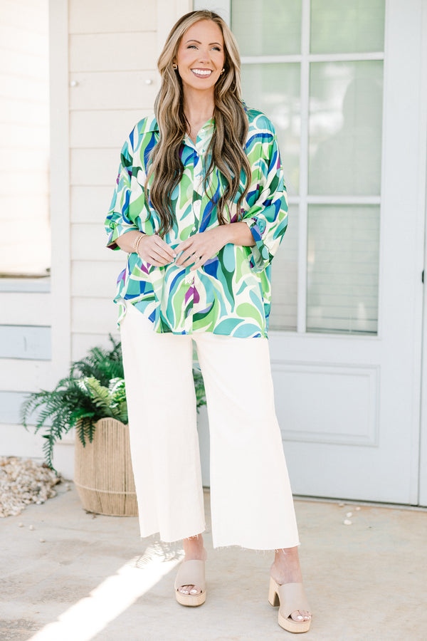 Chic Soul plus size clothing, green three quarter length sleeve button up top with green/blue abstract print top with collar detail and cuff sleeves