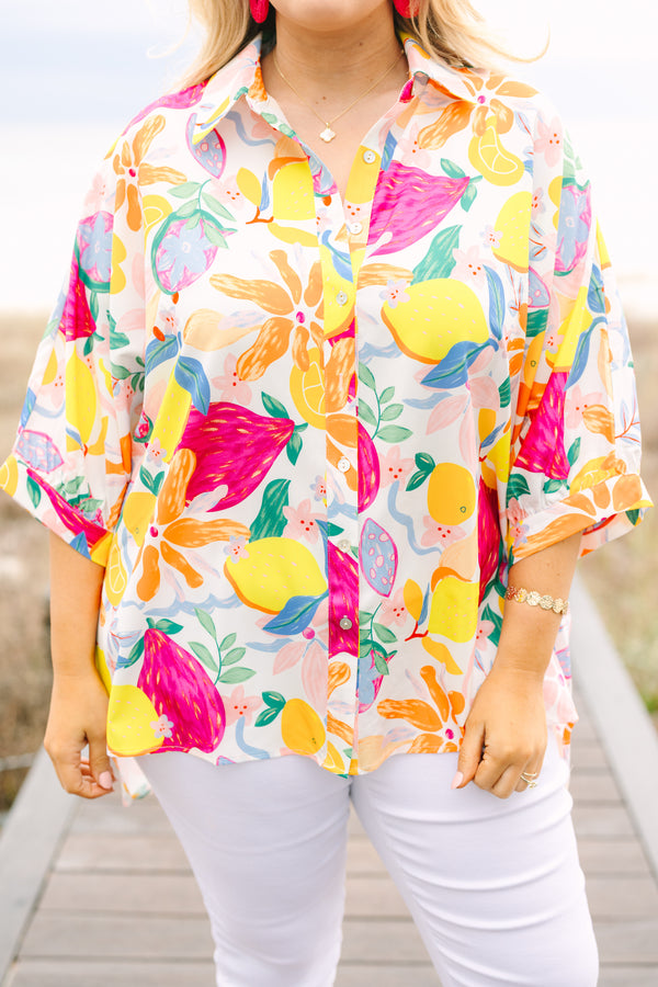 Chic Soul plus size clothing, half-sleeve cuffed sleeve collared buttoned multi-colored top with a tropical floral abstract pattern