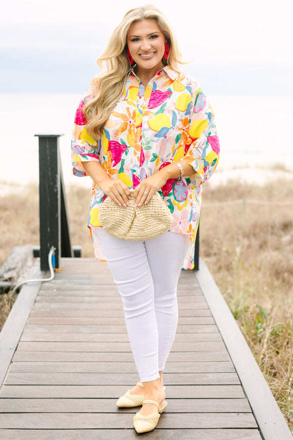 Chic Soul plus size clothing, half-sleeve cuffed sleeve collared buttoned multi-colored top with a tropical floral abstract pattern