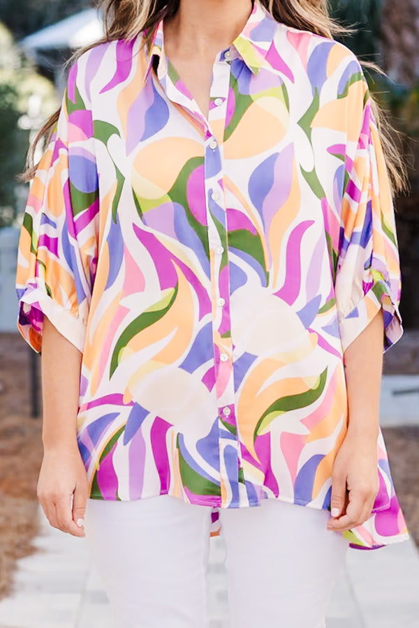 Chic Soul plus size clothing, multi color abstract print button up top with half length sleeves