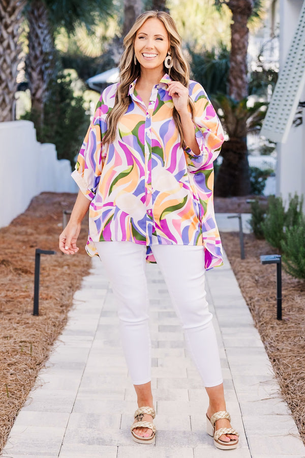 Chic Soul plus size clothing, multi color abstract print button up top with half length sleeves