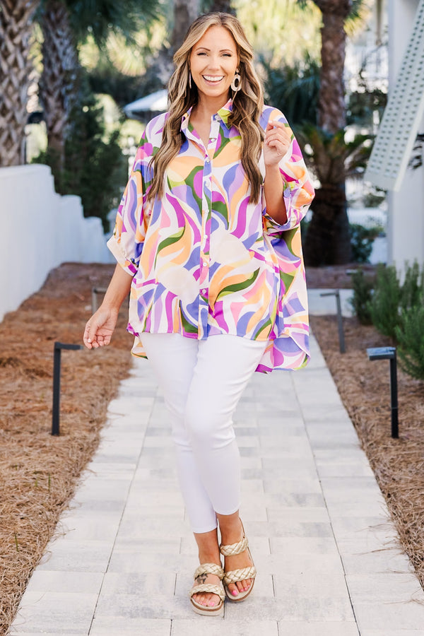 Chic Soul plus size clothing, multi color abstract print button up top with half length sleeves