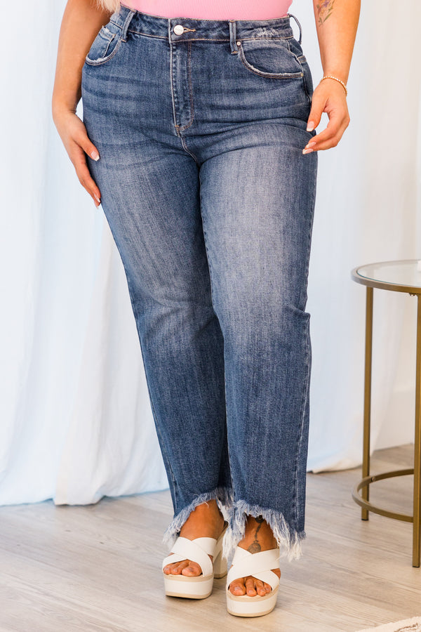 Chic Soul plus size clothing, medium wash straight leg denim jeans with distressed raw hem