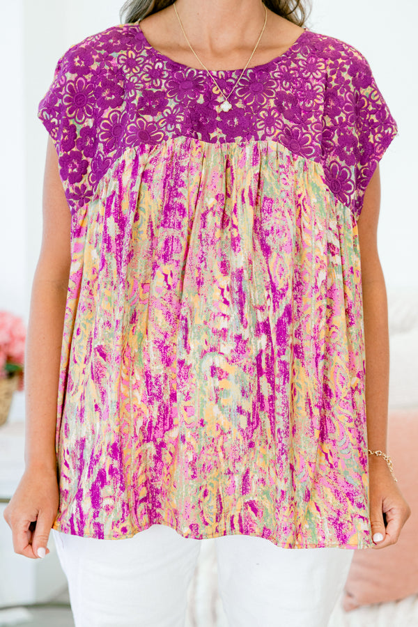 Chic Soul plus size clothing, magenta multi patterned short sleeve top with magenta embroidery along chest with round neckline