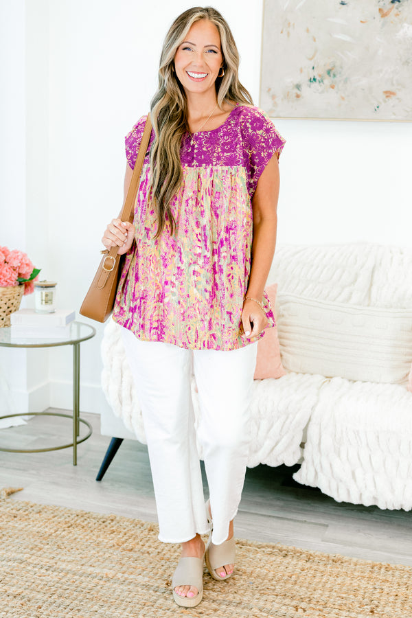 Chic Soul plus size clothing, magenta multi patterned short sleeve top with magenta embroidery along chest with round neckline