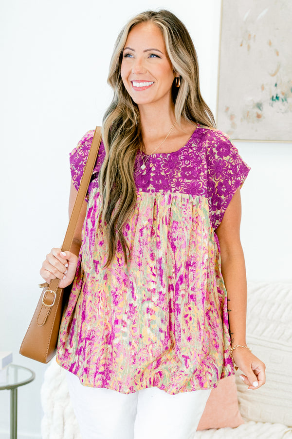 Chic Soul plus size clothing, magenta multi patterned short sleeve top with magenta embroidery along chest with round neckline