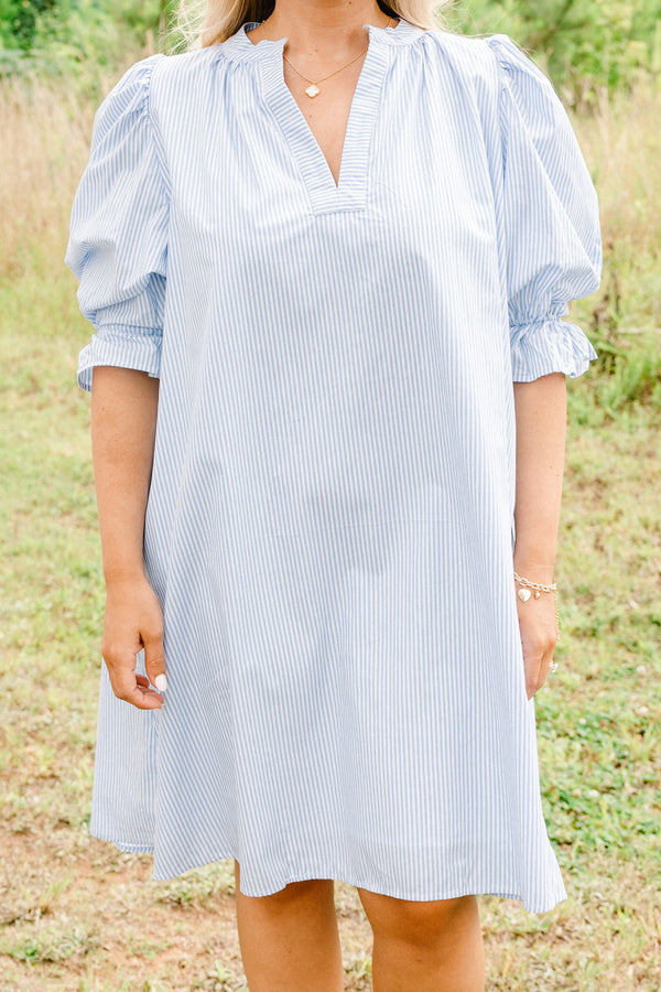 Chic Soul Plus size clothing, blue striped dress with bubble half sleeves and a slight v-neck 
