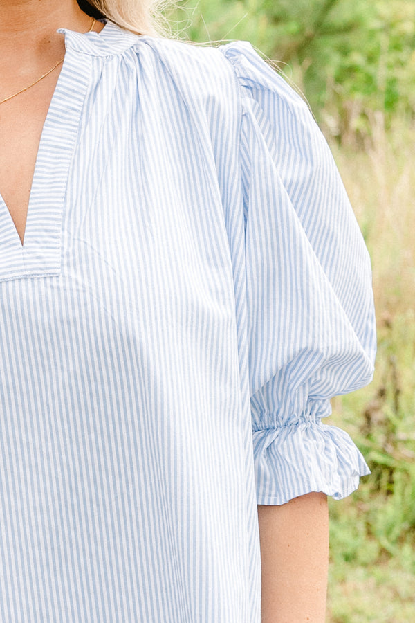 Chic Soul Plus size clothing, blue striped dress with bubble half sleeves and a slight v-neck 
