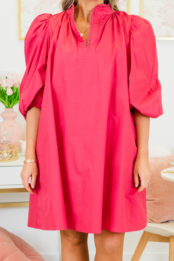 Chic Soul plus size clothing, short-bubble-sleeve pink dress with v-neckline