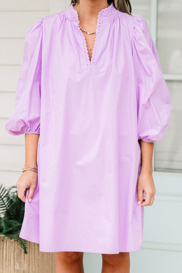 Chic Soul plus size clothing, short-bubble-sleeve lilac dress with v-neckline