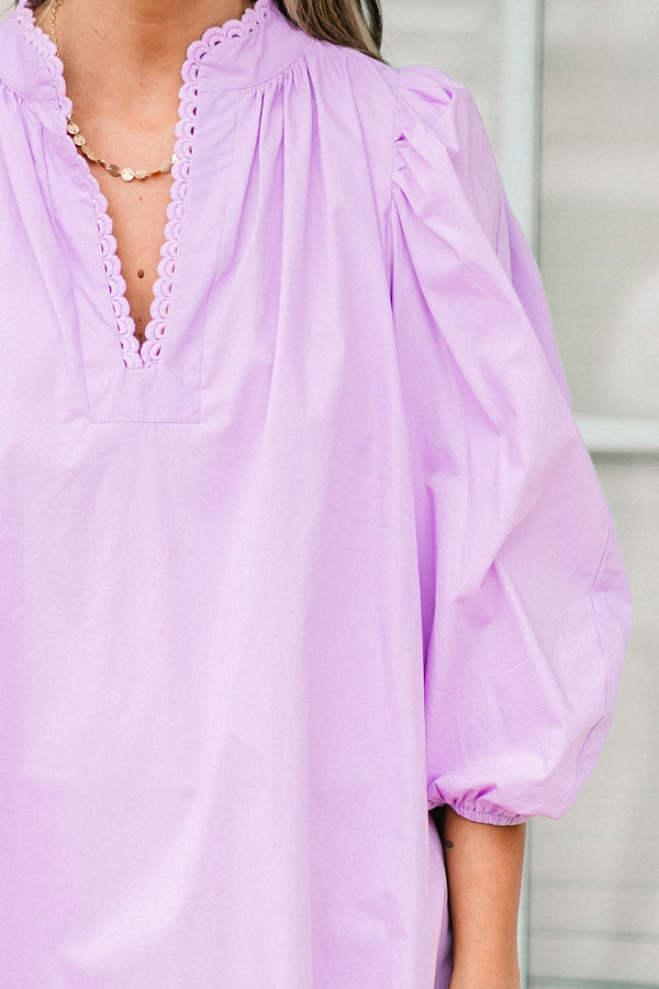 Chic Soul plus size clothing, short-bubble-sleeve lilac dress with v-neckline