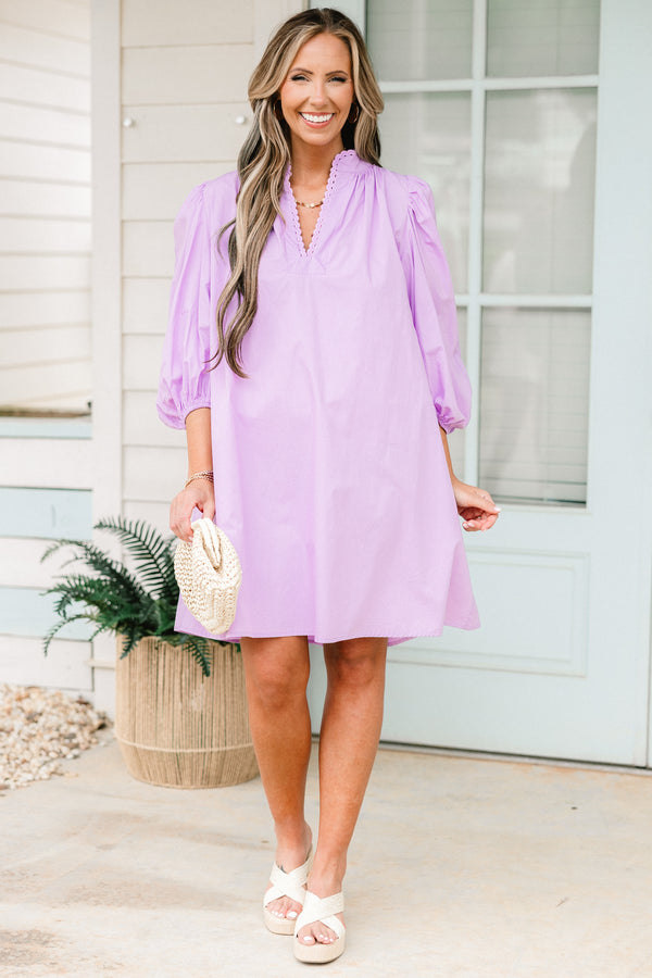 Chic Soul plus size clothing, short-bubble-sleeve lilac dress with v-neckline