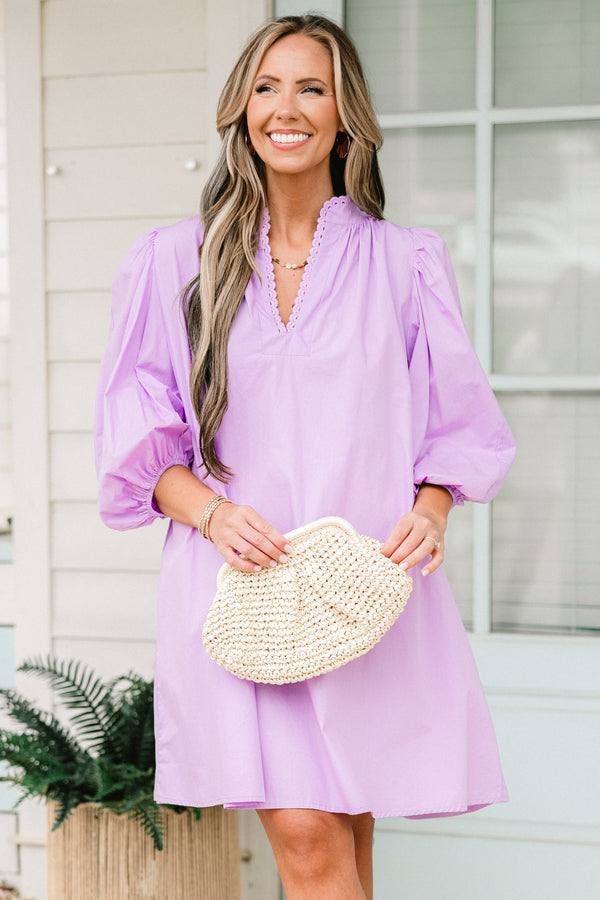 Chic Soul plus size clothing, short-bubble-sleeve lilac dress with v-neckline