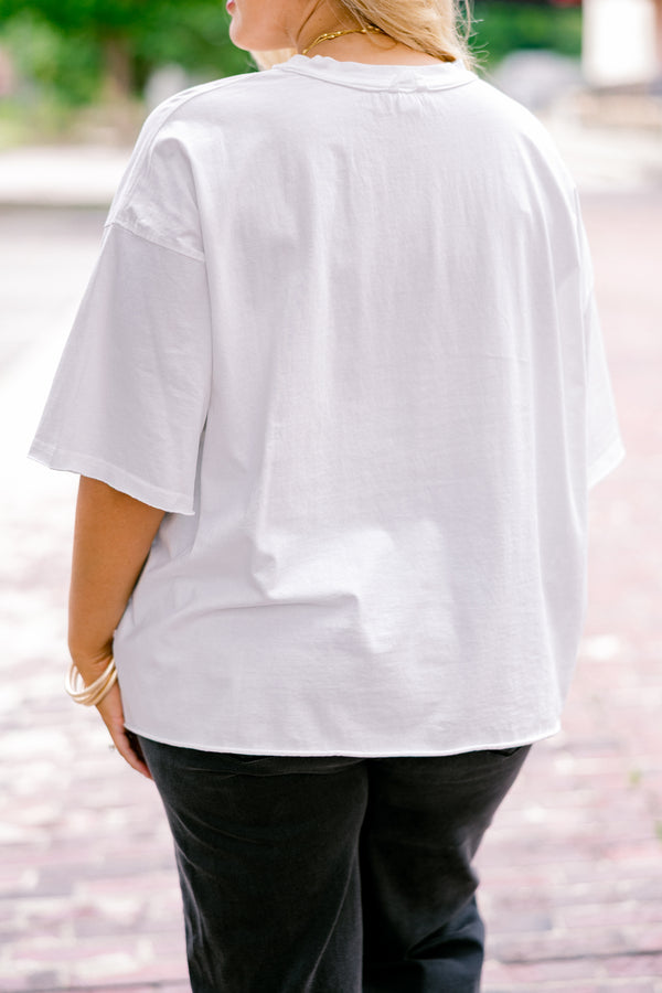 Chic Soul plus size clothing, white vintage wash short sleeve tee with distressed orange jack o' lantern graphic with black and white gingham bow on the stem