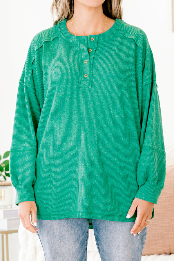 Chic Soul plus size clothing, forest green long sleeve half button-up casual sweater top