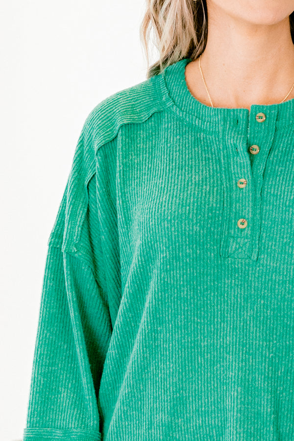 Chic Soul plus size clothing, forest green long sleeve half button-up casual sweater top