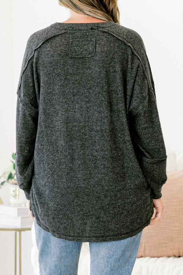 Chic Soul plus size clothing, heather black long-balloon sleeve partial button-up ribbed sweater top