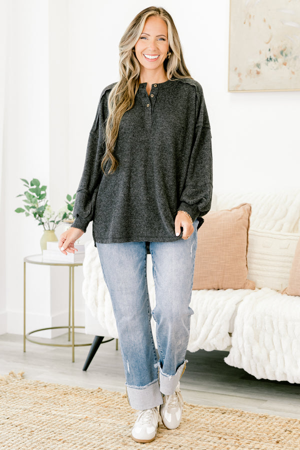 Chic Soul plus size clothing, heather black long-balloon sleeve partial button-up ribbed sweater top