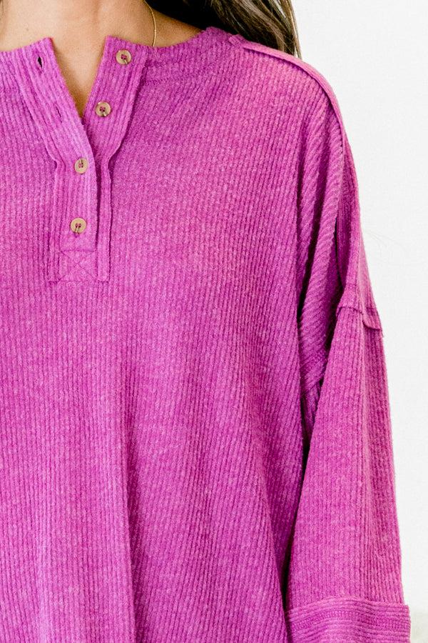 Chic Soul plus size clothing, light plum long sleeve sweater with buttons going up the chest and stitching details on the sleeves and bottom of the shirt 