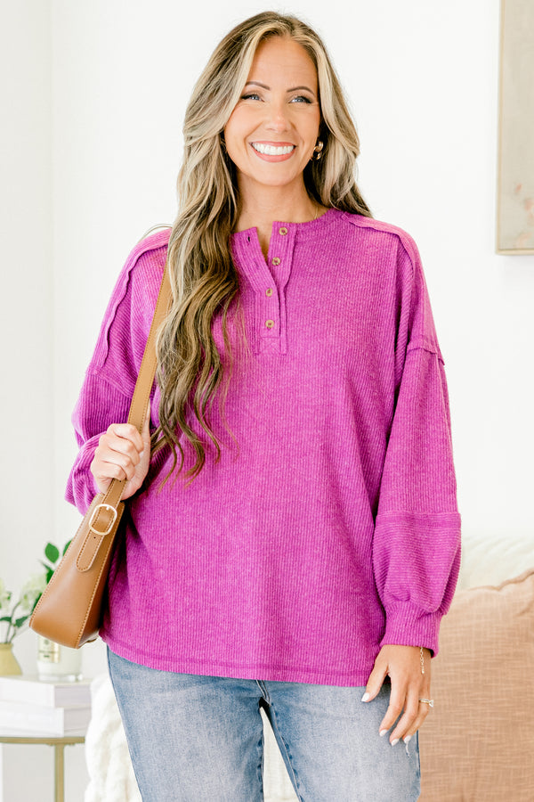 Chic Soul plus size clothing, light plum long sleeve sweater with buttons going up the chest and stitching details on the sleeves and bottom of the shirt 