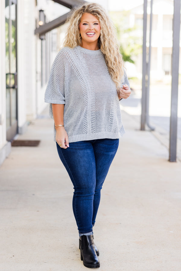 Chic Soul plus size clothing, short-sleeve heather grey crochet knit top 