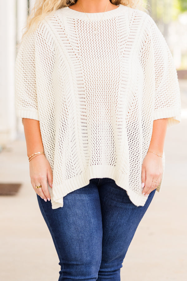 Chic Soul plus size clothing, short-sleeve knit ivory top with high-scoop-neckline and striped knit pattern