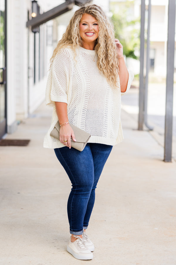 Chic Soul plus size clothing, short-sleeve knit ivory top with high-scoop-neckline and striped knit pattern