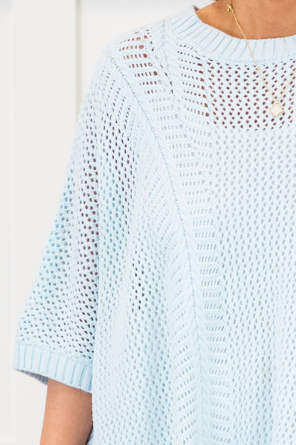 Chic Soul plus size clothing, short-sleeve light blue knit crochet top with a high-scoop-neckline