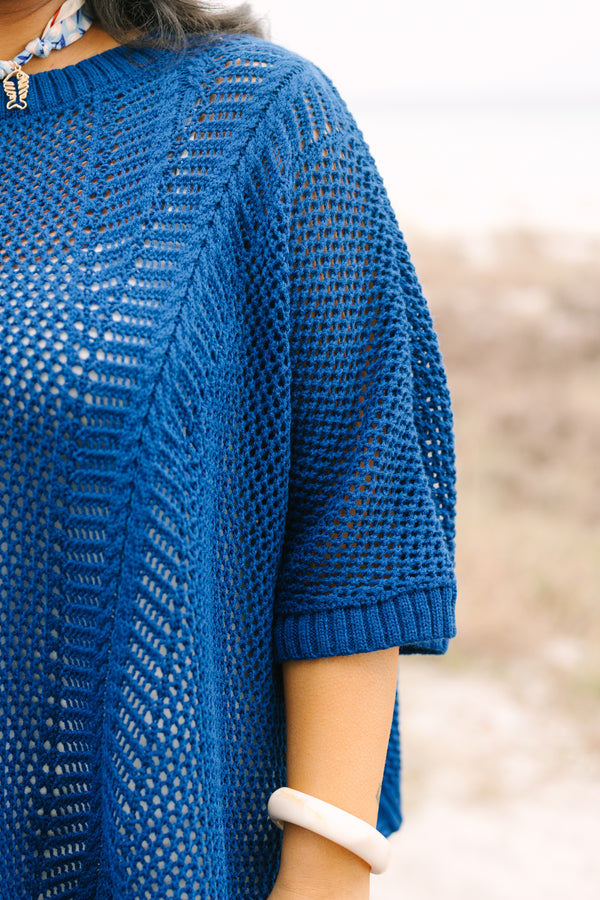 Chic Soul plus size clothing, short sleeve navy loose knit sweater top