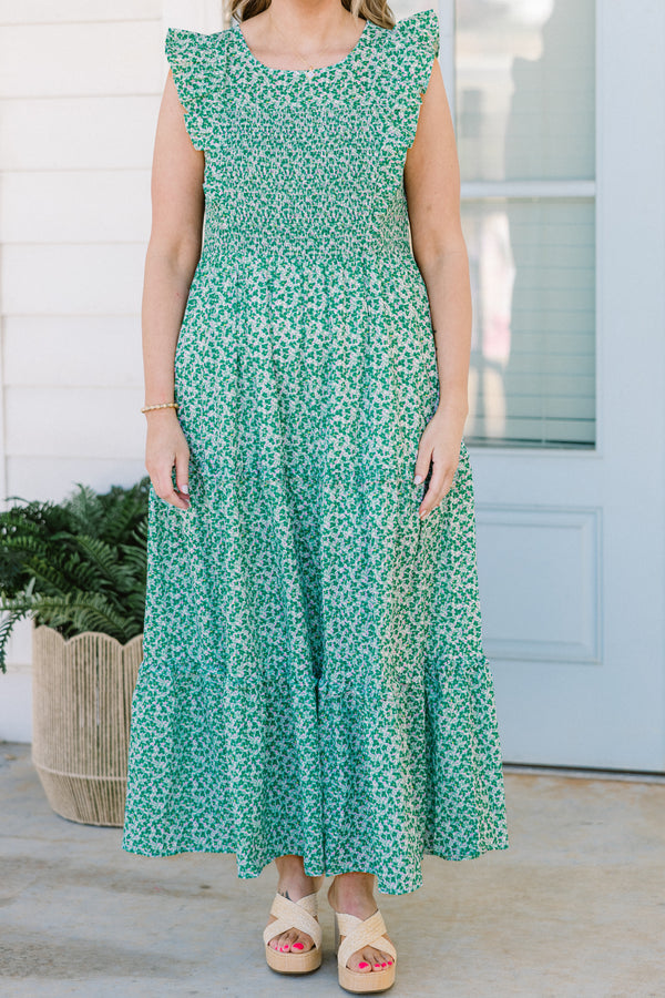 Chic Soul plus size clothing, short-flutter-sleeve mint green ruffled maxi dress with a smocked bodice and a high-scoop-neckline with a subtle mint green and white floral pattern