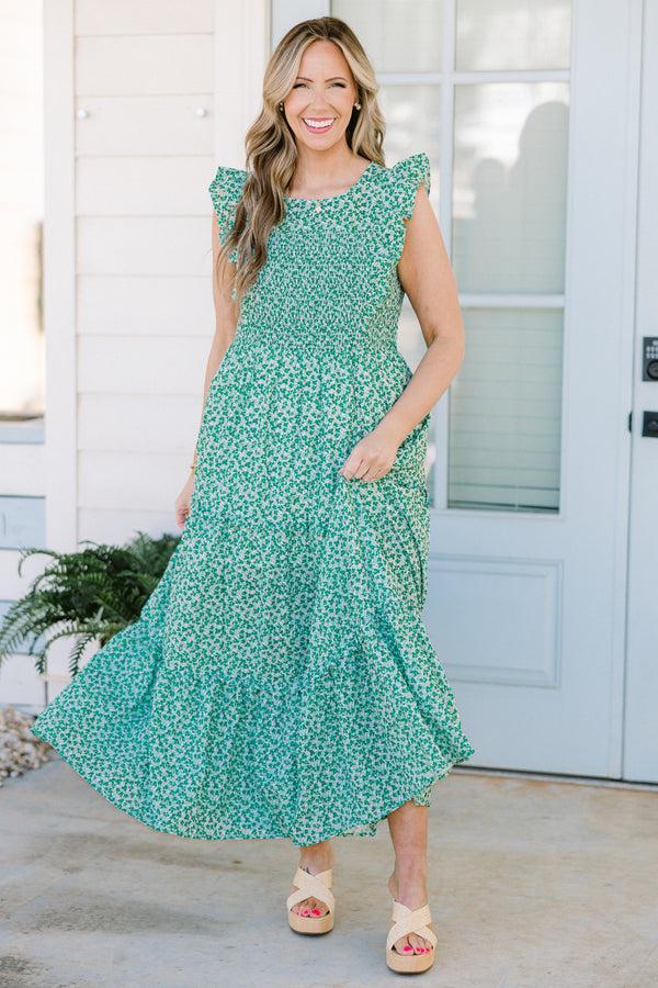 Chic Soul plus size clothing, short-flutter-sleeve mint green ruffled maxi dress with a smocked bodice and a high-scoop-neckline with a subtle mint green and white floral pattern