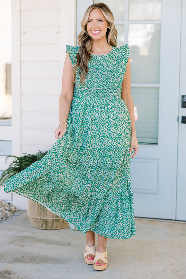 Chic Soul plus size clothing, short-flutter-sleeve mint green ruffled maxi dress with a smocked bodice and a high-scoop-neckline with a subtle mint green and white floral pattern