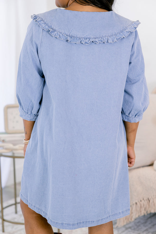 Chic Soul plus size clothing, denim 3/4 length sleeve shift dress with subtle v neckline and peter pan color