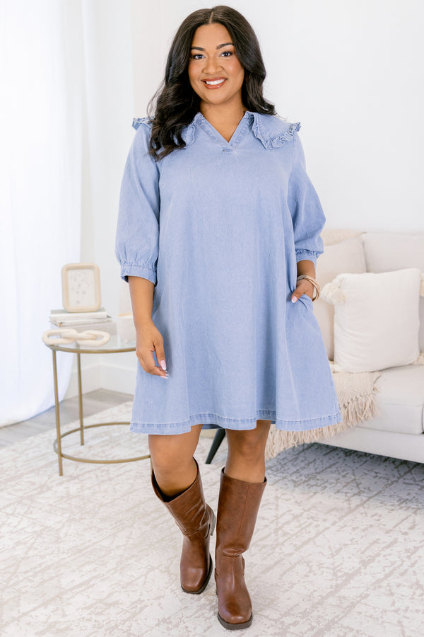 Chic Soul plus size clothing, denim 3/4 length sleeve shift dress with subtle v neckline and peter pan color