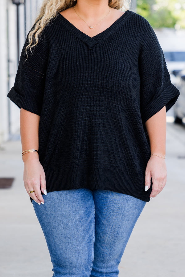 Chic Soul plus size clothing, black plain knit short sleeve tee with v neckline and rolled cuff sleeve detail 
