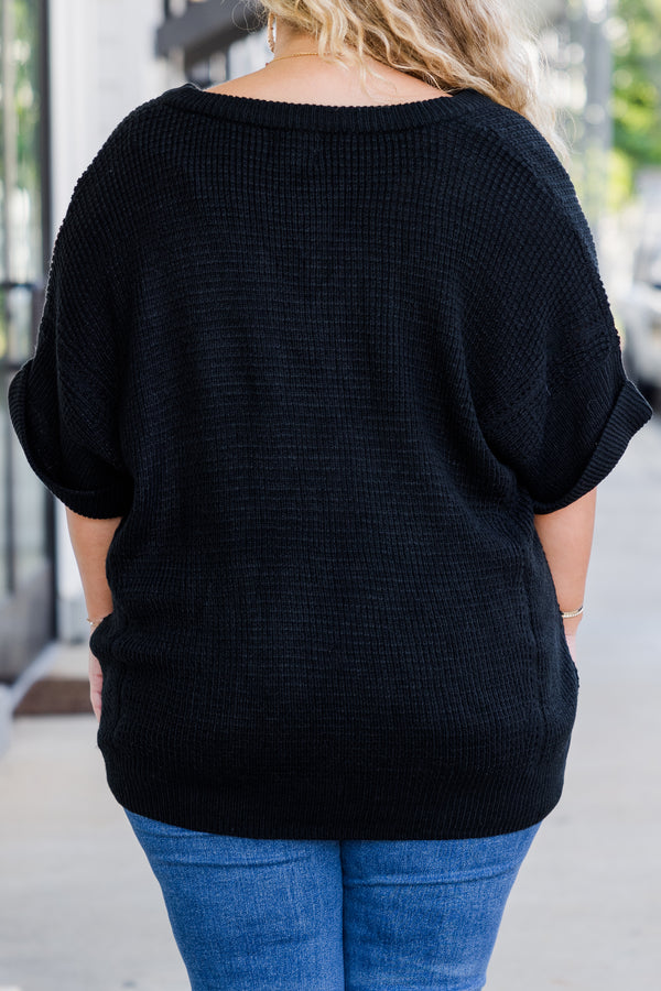 Chic Soul plus size clothing, black plain knit short sleeve tee with v neckline and rolled cuff sleeve detail 
