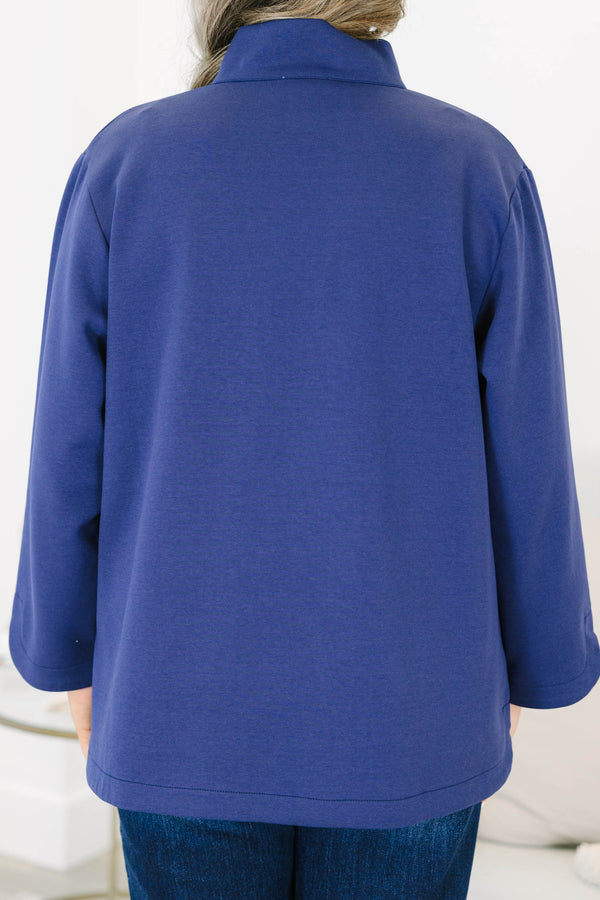 Plus size navy Classic Charm Top with long sleeves, a flowy fit, v-neckline, and stretchy cotton-blend fabric.