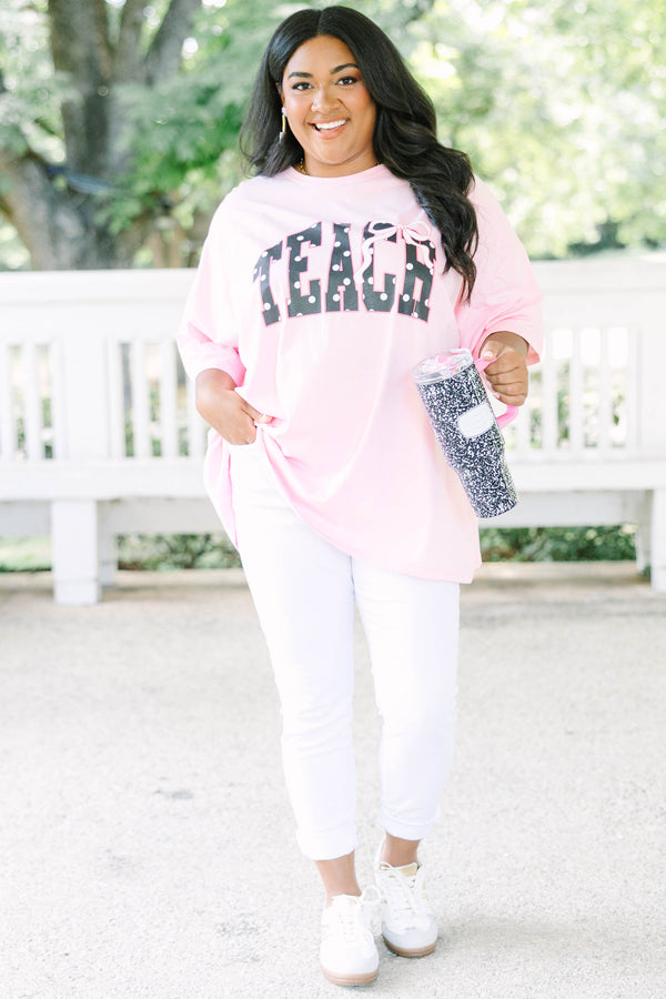 Plus size dusty pink boyfriend tee with polka dot 'TEACH' graphic, oversized 100% cotton fit.