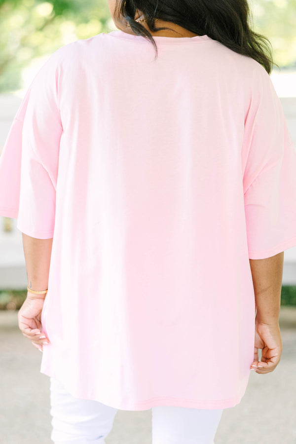 Plus size dusty pink boyfriend tee with polka dot 'TEACH' graphic, oversized 100% cotton fit.