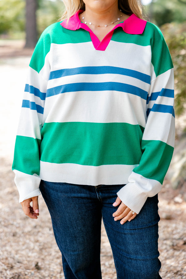 Chic Soul plus size clothing, green white and blue multi striped sweater with bright pink collar