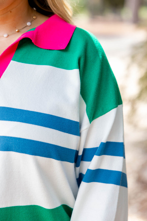 Chic Soul plus size clothing, green white and blue multi striped sweater with bright pink collar