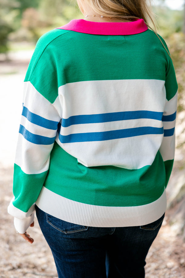 Chic Soul plus size clothing, green white and blue multi striped sweater with bright pink collar