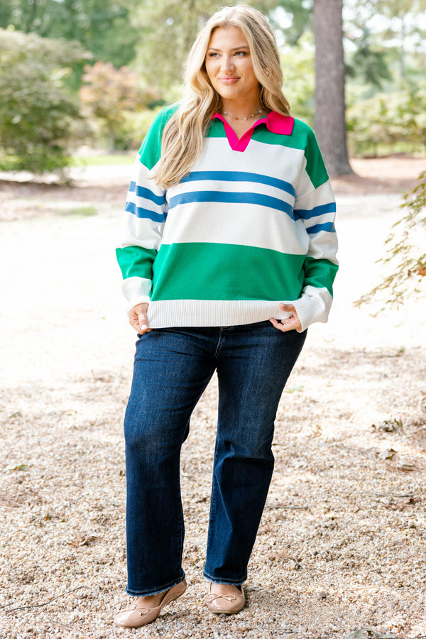 Chic Soul plus size clothing, green white and blue multi striped sweater with bright pink collar