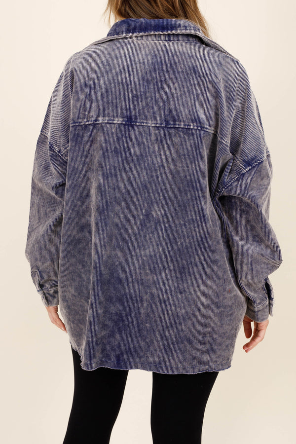 Chic Soul plus size clothing, light navy colored button up shacket with distressed cudoroy material