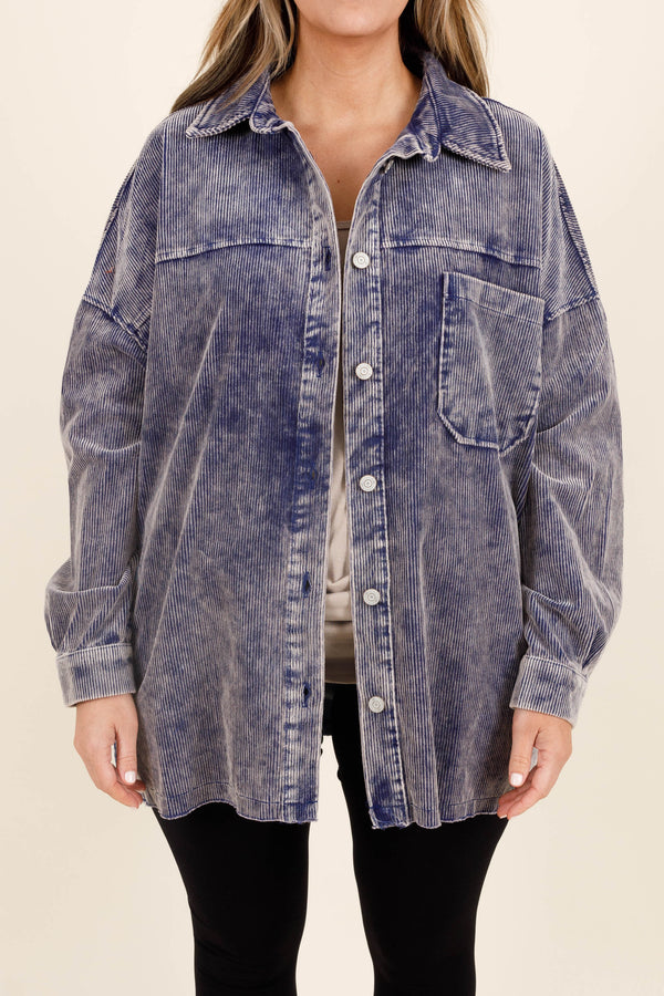 Chic Soul plus size clothing, light navy colored button up shacket with distressed cudoroy material