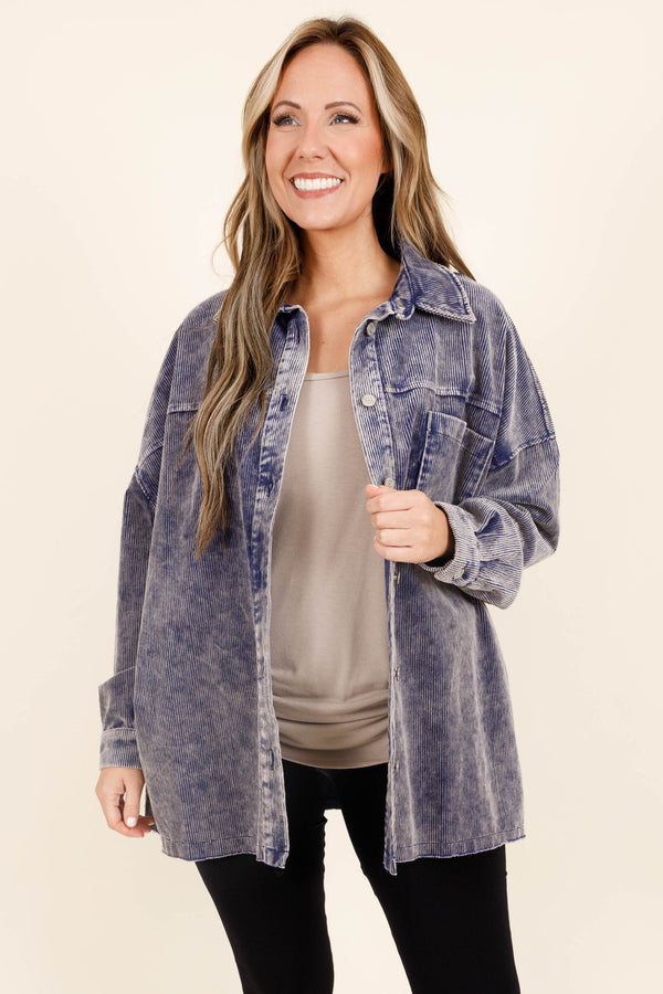 Chic Soul plus size clothing, light navy  colored button up shacket with distressed cudoroy material