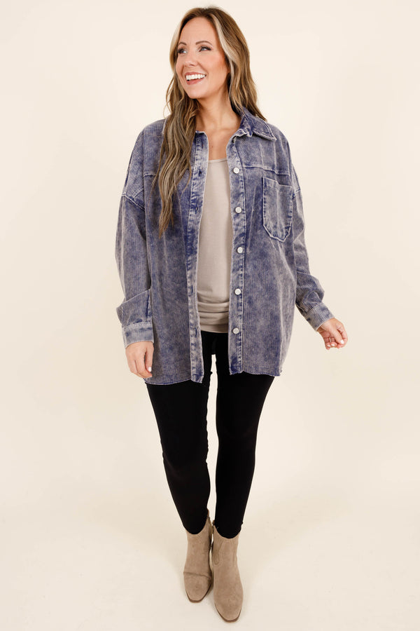 Chic Soul plus size clothing, light navy colored button up shacket with distressed cudoroy material